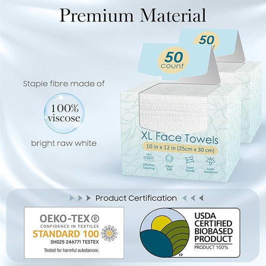 100 Count (2 Box) XL Disposable Face Towels 10” x 12”, 100% Viscose Fibre, Soft & Skin Friendly Face Towelettes Disposable, Facial Tissue Wipes for Women Cleansing
