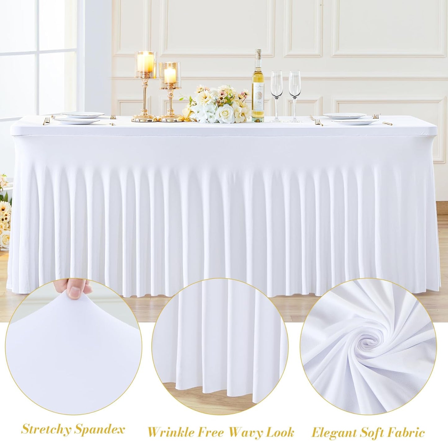 Gogoparti 6 Pack White Spandex Fitted Table Cloth for 6ft Rectangle Tables - Wrinkle Free, Stretch, Multi-Occasion
