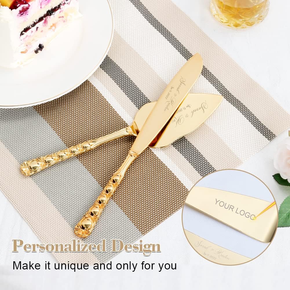 Wedding Cake Knife and Server Set, Personalized Gold Cake Cutting Set for Wedding, Engraved Classic Cake Knives Cutter Set, Pie Server, Birthday Bridal Quinceañera Gift (CUS-Bow)