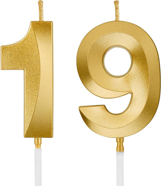 Birthday Candles, 1.96 Inch Number 19 Happy Birthday Candles, Number Candles Decoration for Birthday Party and Anniversary Celebration(Champagne Gold)