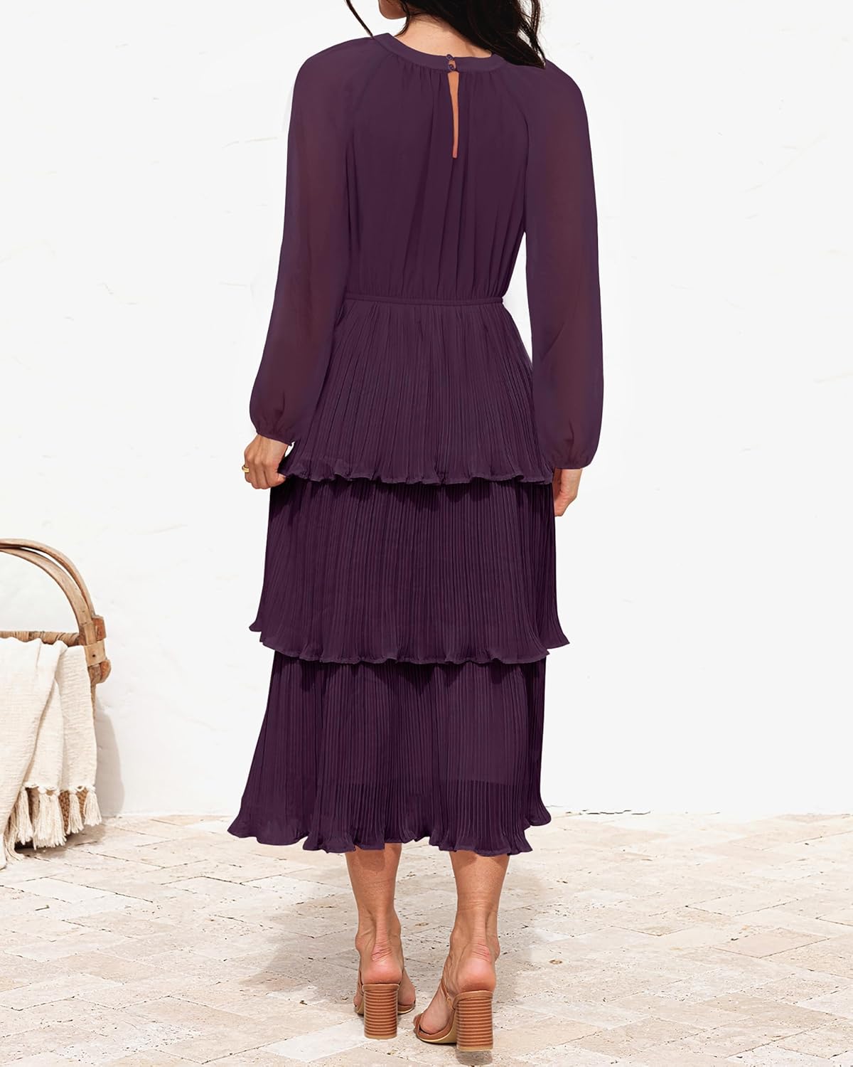 ZESICA Women's 2025 Long Sleeve Crew Neck Ruffle Tiered Layered Chiffon Flowy Swing Long Midi Dress