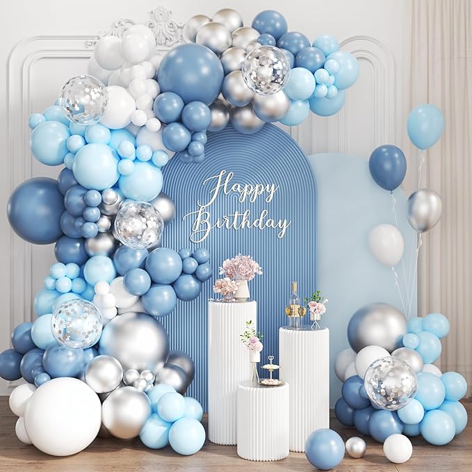Dusty Blue White Silver Balloon Garland Arch Kit, 167Pcs Latex Balloons Different Sizes 15 12 10 5 inch for Baby Shower Gender Reveal Birthday Engagement Party Decorations