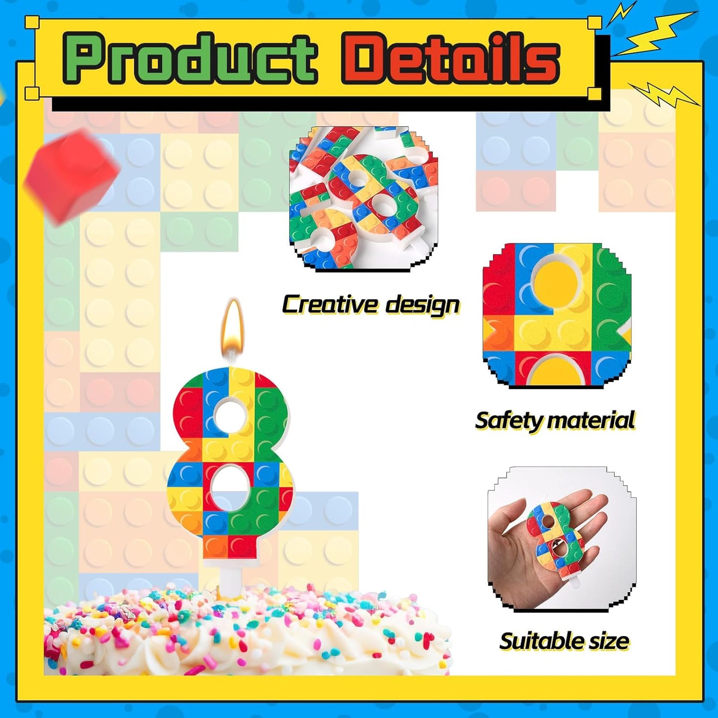 Building Block Themed Birthday Candle Number 1 Candle Birthday Party Decoration Cake Topper for Building Block Party Decoration Theme Parties Supplies (Number 8)