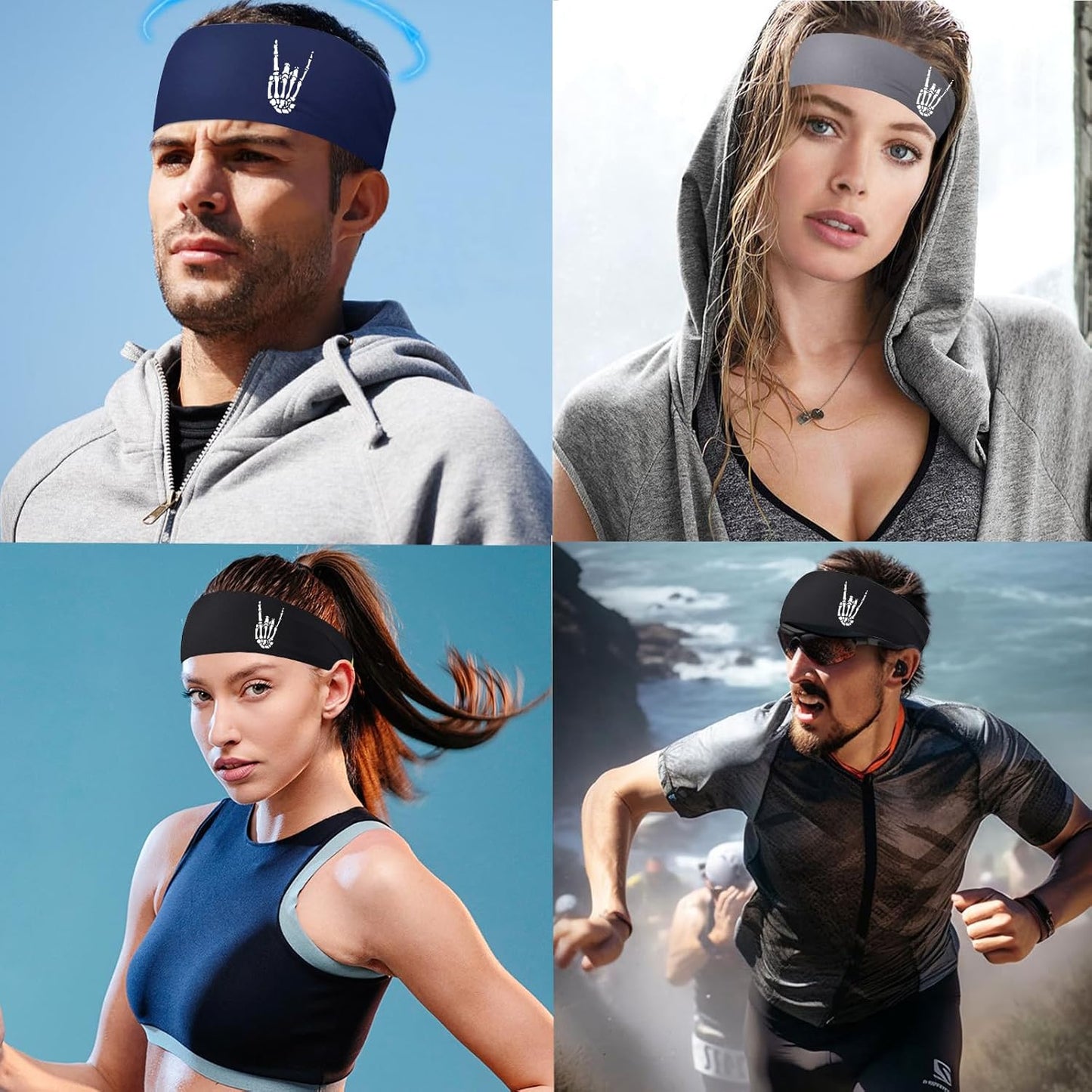 Headbands for Men 3 Pack Sport Sweat Bands Headbands Men Skull Finger Workout Sweatbands for Mens Women Head Bands Cooling Running Men's Hairband Headband