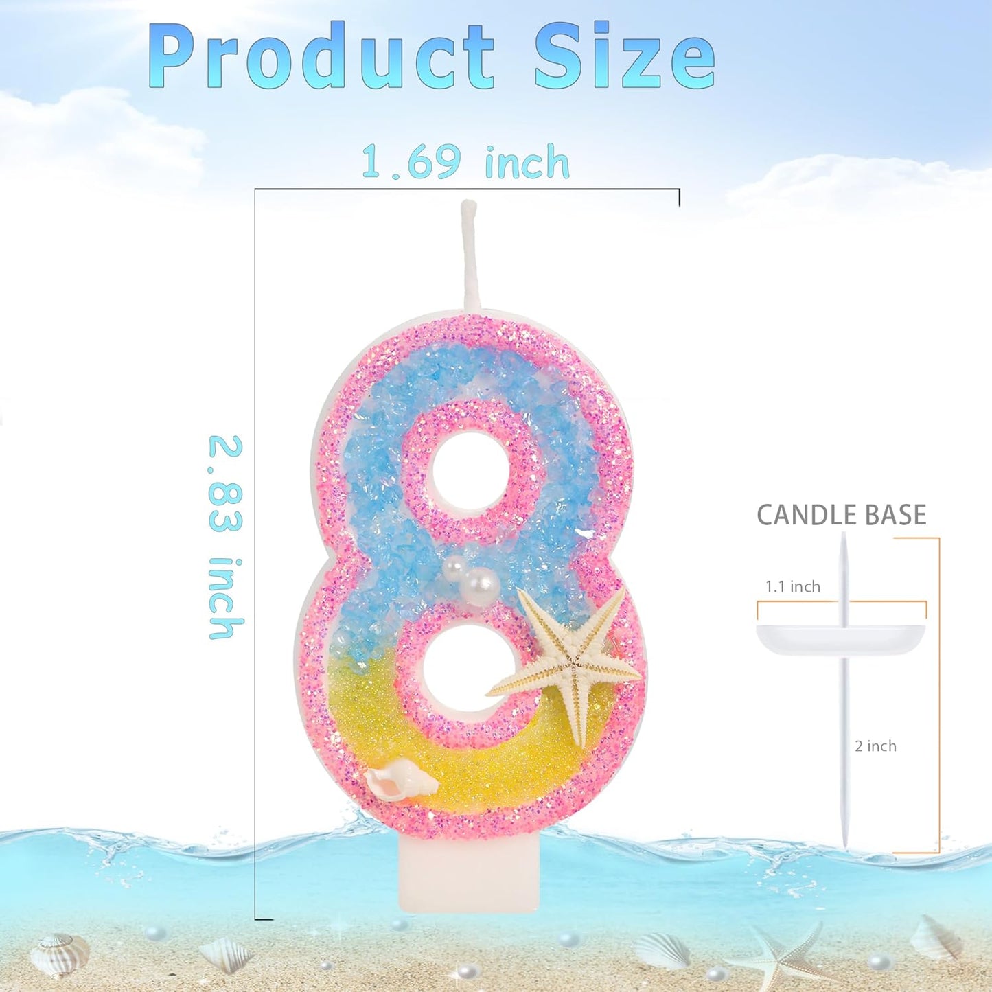 8th Birthday Candle for Cake, Pink Beach Starfish Sequins Number Candles, 2.76 inch Pink Cake Topper Decoration for Birthday Party (Number 8)