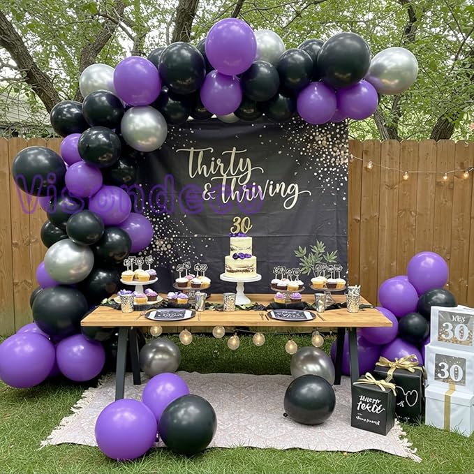 Black and Purple Balloons - 132pcs 18'' 12'' and 5'' Purple Black Balloon Arch Kit with Metallic Silver Balloons for Birthday Party Halloween Graduations Corporate Event and Gaming Night