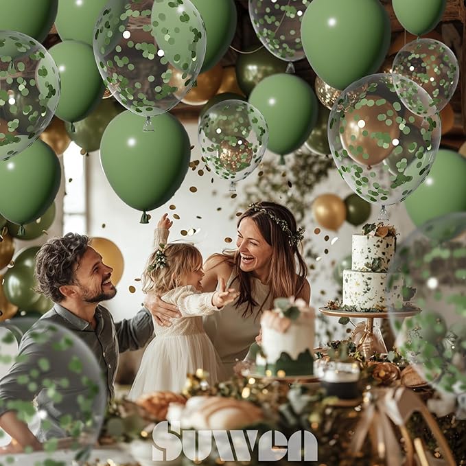 SUWEN Sage Green Balloons and Confetti Balloons Set 47PCS Latex Helium Olive Green Balloon for Birthday Anniversary Party Decorations