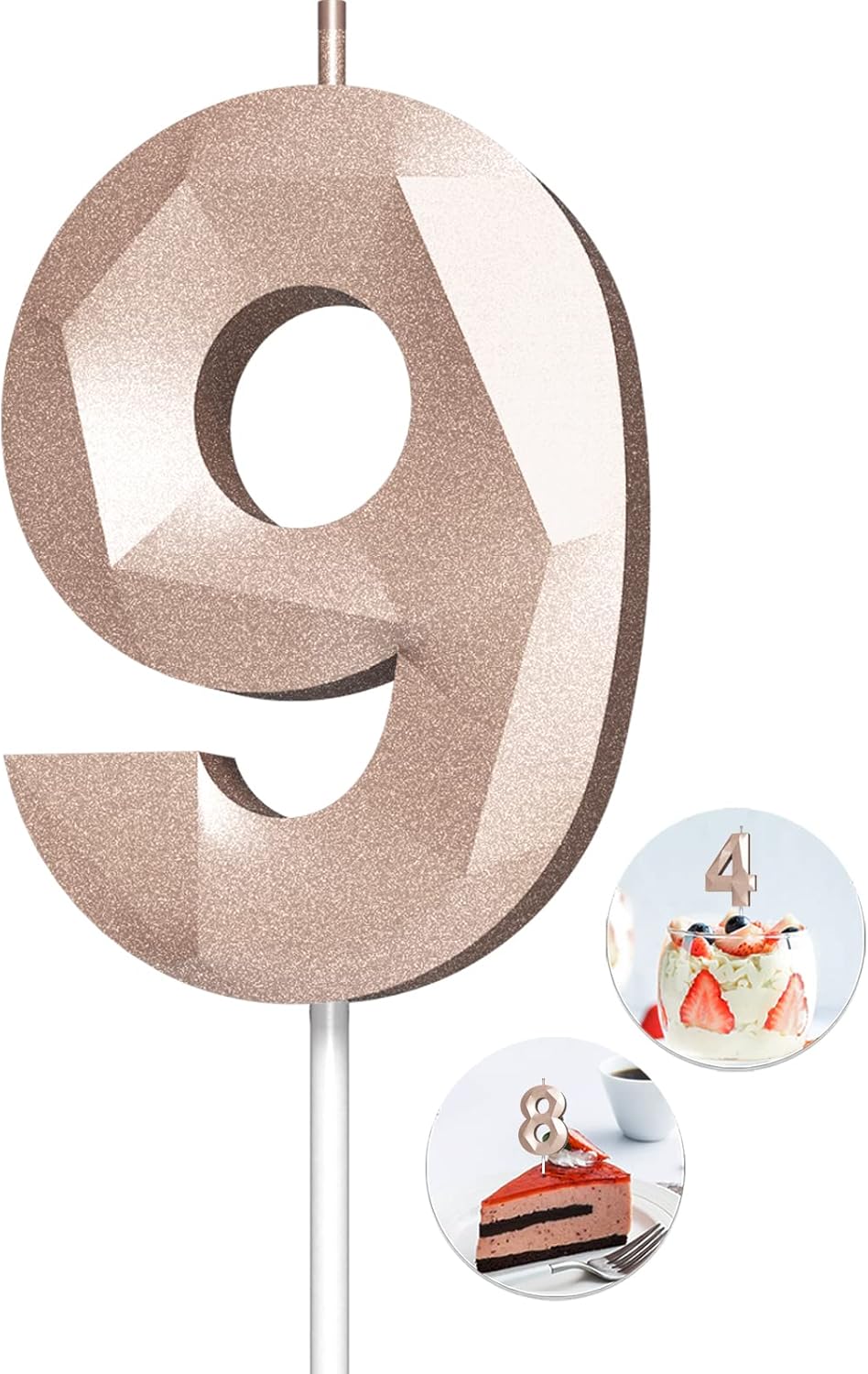 Number Birthday Candles(9 Candle Rose Gold) 3D Diamond Shape Number Happy Birthday Cake Candles for Birthday Party Wedding Decoration Reunions Theme Party