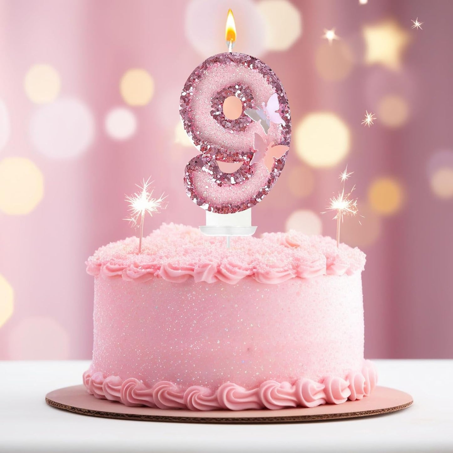9th Birthday Candles，Glitter Butterfly Cake Toppers Pink Sequins Wedding Numeral Cupcake Decorations，Suitable for Girl and boy Wedding Cakes, Party Celebrations, Birthday Decorations