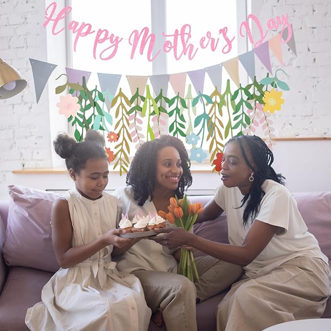 Giga Gud Happy Mother's Day Banner Set Decoration for Mom's Day Party Decorations Backdrop Garland for Mom Mother's Day Glitter Garland Photo Props (Pink Letter Flower)