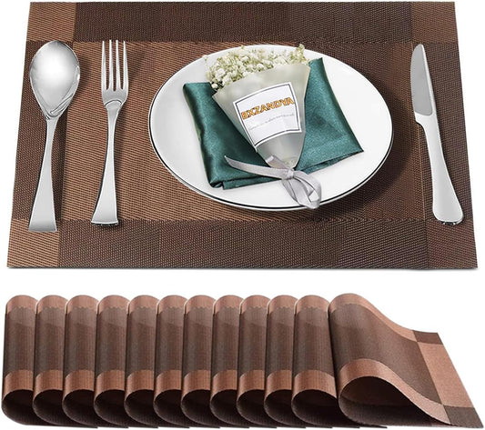 Placemats Set of 12,Washable,Heat and Stain Resistant Indoor/Outdoor Place mats,Vinyl Woven Non Slip Table Mats for Restaurant Table Protection,PVC Placemats(Brown,12PCS)