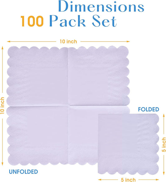 100 Pack Cocktail Napkins, 3-Ply Scalloped Edged Wedding Napkins Folded 5 x 5 Inches Dessert Napkins, Disposable Napkins for Dinner Birthday Party Bridal Anniversary Baby Shower Reception (Purple)