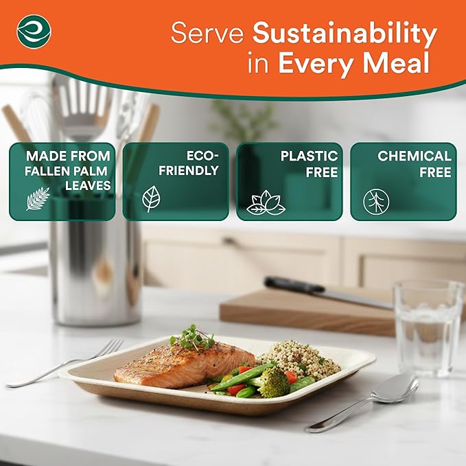 ECO SOUL 10 Inch Disposable Palm Leaf Plates [100 Pack] Premium Food-Safe Heavy Duty Compostable Bamboo Paper Plates for Lunch, Dinner, Birthday, Weddings, Party, Camping & Catering Events [Square]