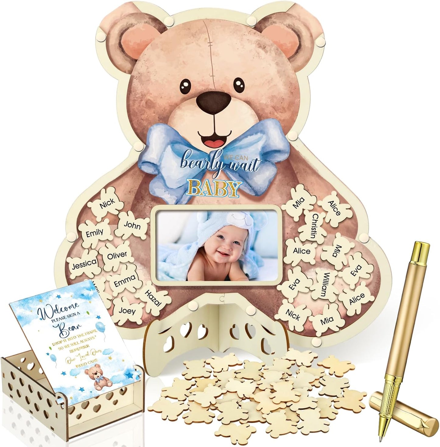 Wenqik 63 Pcs Bear Baby Shower Guest Book Alternatives Set Baby Shower Decorations with Photo Frame Sonogram Frame Keepsake 60 Wood Slices Guest Book for Birthday