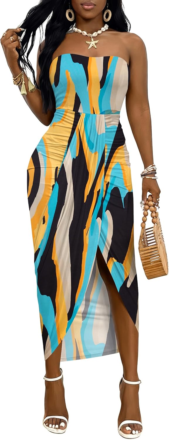 Umenlele Women's Strapless Ruched High Waist Wrap Split Asymmetrical Beach Maxi Long Dress