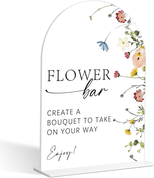 Flower Bar Sign, Flower Style Bridal Shower Sign for Wedding, Engagement, Bridal Shower and Reception, Bridal Shower Decorations, Wedding Shower Favors, 6X8 Inch Acrylic Arch Sign with Stand,27