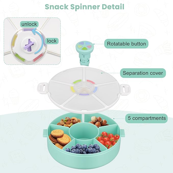 Snack Rotator Container Reusable Snack Box with 5 Compartment Dispenser and Lid, Color Matching Opening Lid, BPA and PVC Free, for Home, School, Travel (1 Pack- Green)