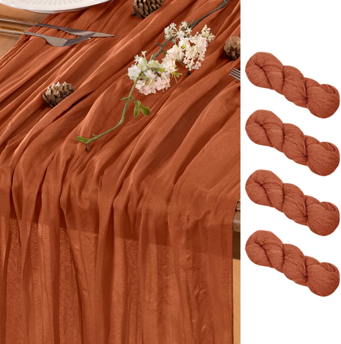 Fall Table Runner Terracotta Cheesecloth Table Runner 4 Pack 10FT Farmhouse Table Runners 120 Inches Table Decor Thanksgiving Dining Room Centerpiece Wedding Boho Baby Shower Birthday