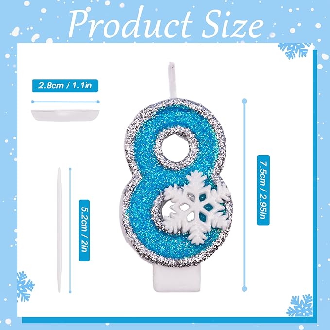 8th Blue Snowflake Birthday Candles Frozen Themed Number 8 Candles for Cake Topper Cupcake Decorations Party Decor Anniversary Celebrations Supplies