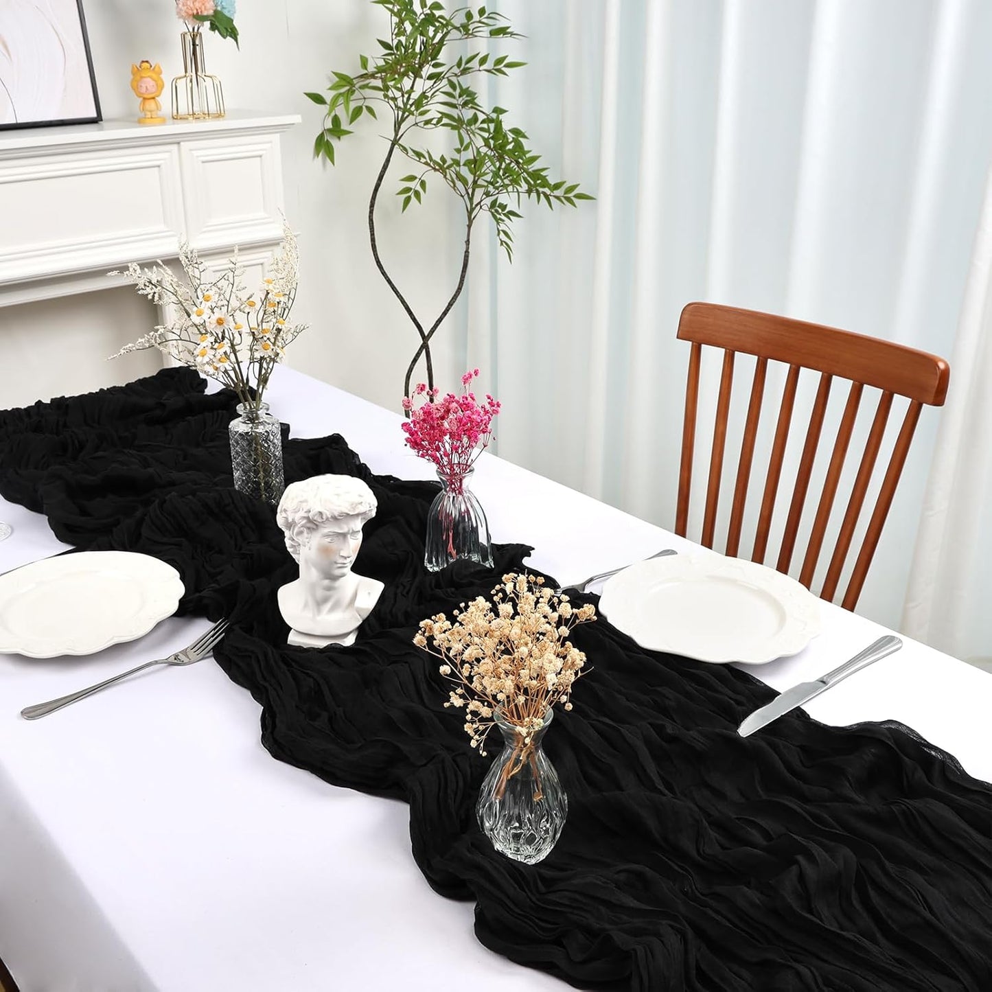 6 Pack 10FT Black Cheesecloth Table Runner 35x120 Inch Gauze Rustic Boho Table Runner Cheese Cloth for Wedding Decor Birthday Party Bridal Baby Shower Table Centerpiece Decoration