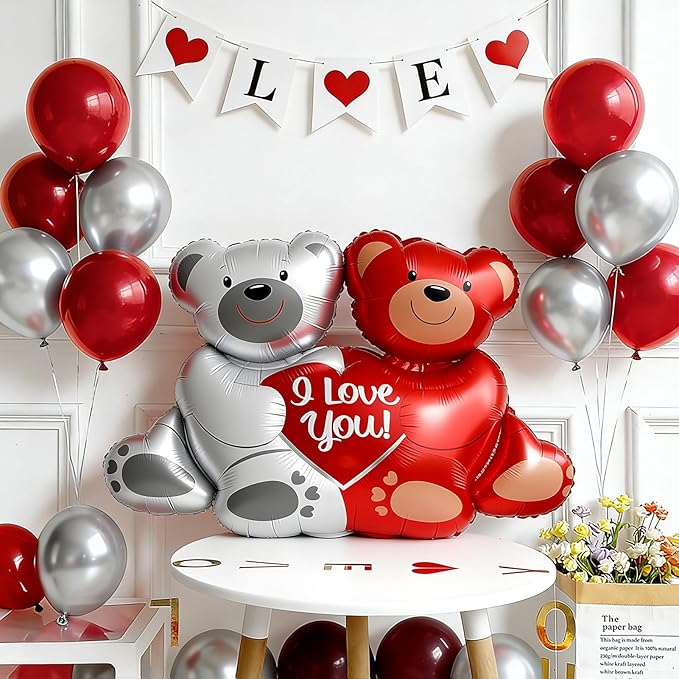 Valentines Day Balloon Arch Kit, Red and Silver Balloon Garland with Large Bear/I YOU/Heart Foil Balloons for Galentines Mothers Day Wedding Engagement Anniversary Valentines Party Decorations