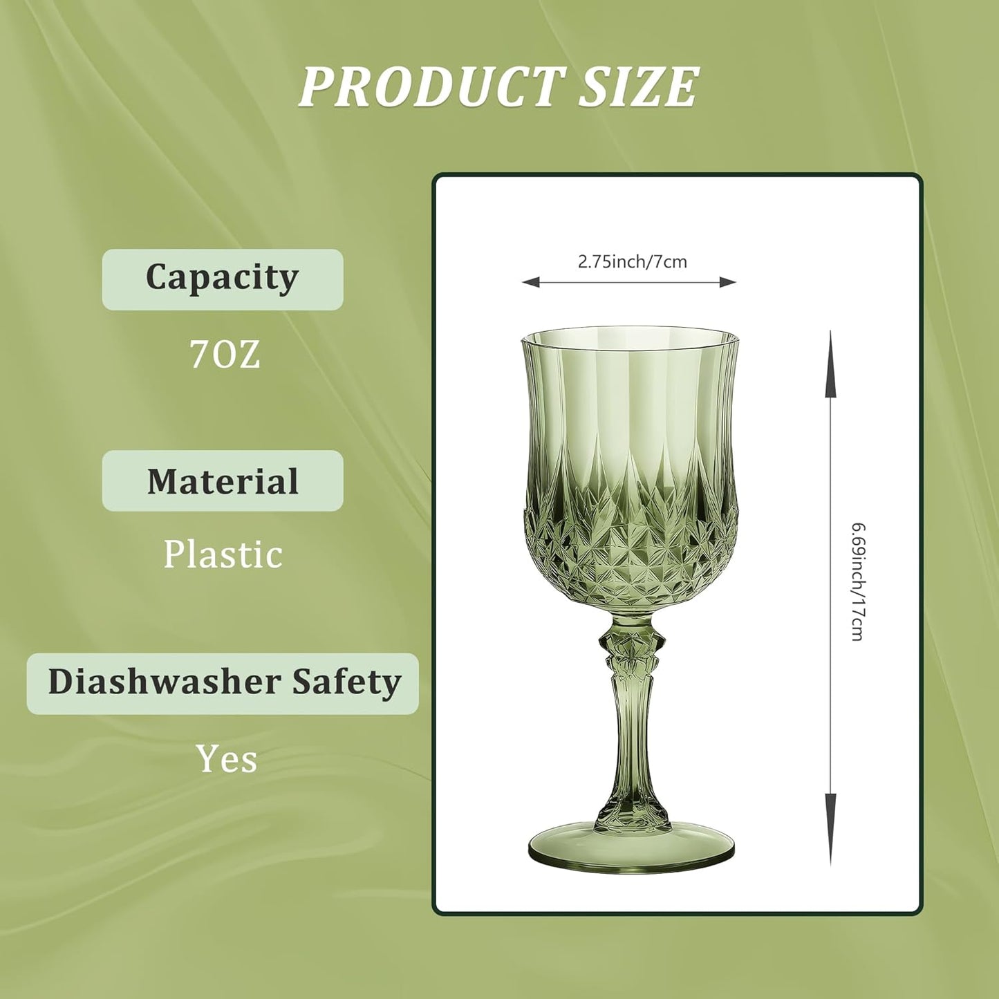 48PCS 7OZ Green Plastic Wine Glasses, Drinking Champagne Glasses Flutes Crystal Vintage Water Unbreakable Goblets for Wedding, Parties