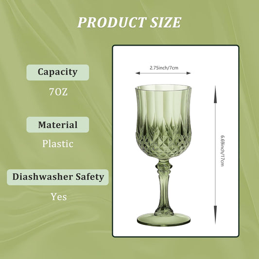 48PCS 7OZ Green Plastic Wine Glasses, Drinking Champagne Glasses Flutes Crystal Vintage Water Unbreakable Goblets for Wedding, Parties