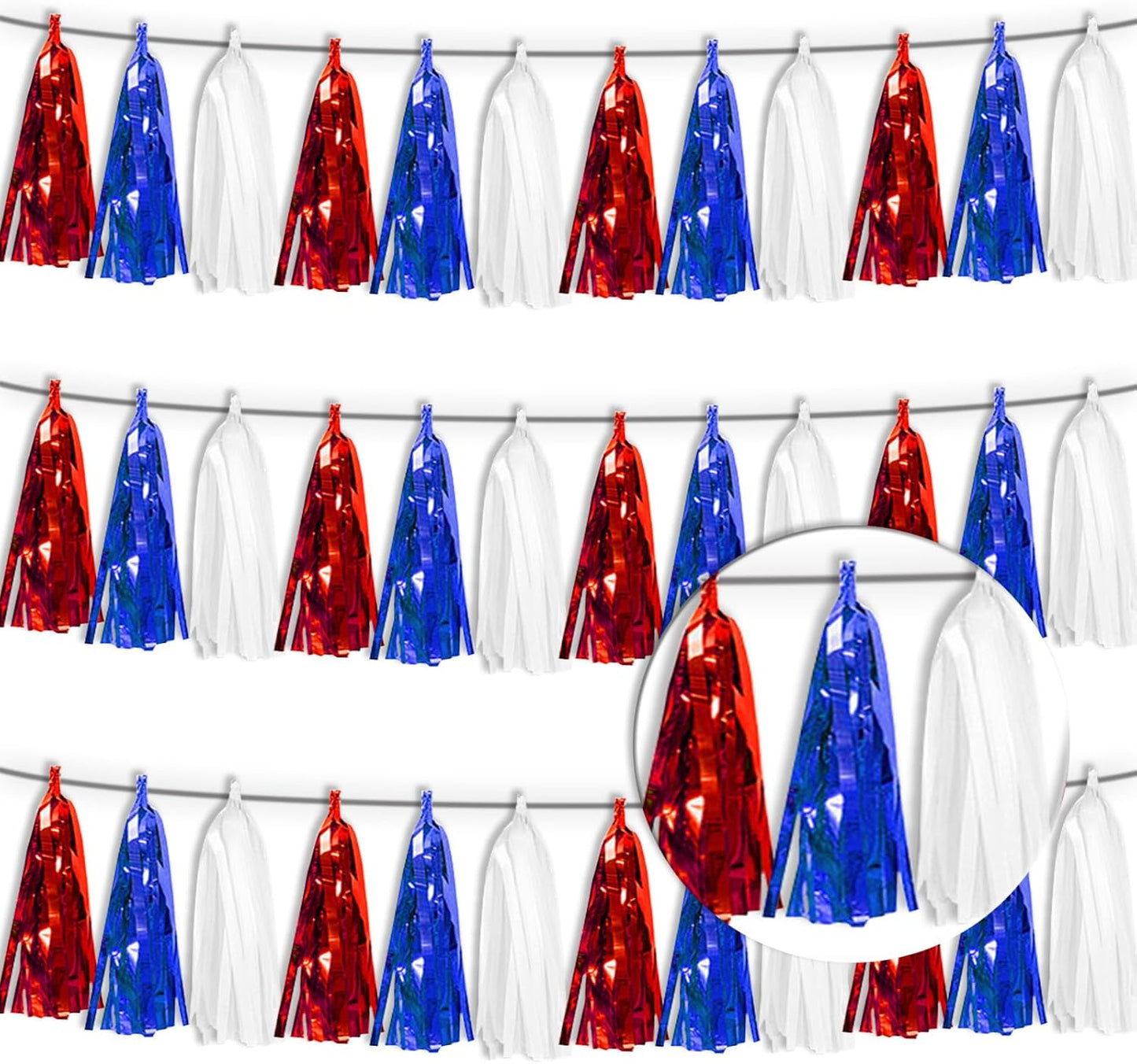3P White Blue Red Tassel Banner Garland Metallic Foil Fringe Banner Tinsel Streamer Banner Backdrop for Parade Floats Graduation, Independence Day, 4th of july, Patriotic Themed Party Decoration