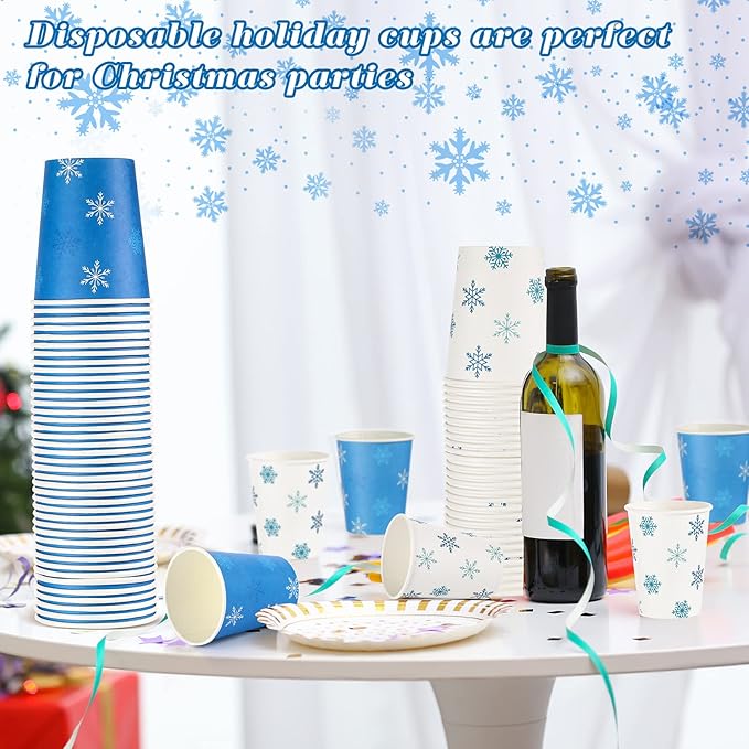 Funtery 100 Pieces Christmas Paper Cups Xmas Disposable Coffee Snowflake Santa Snowman Elk Lights Cups 9 Ounce Drinking Tea Paper for Daily Use Holiday (Snowflake Style)