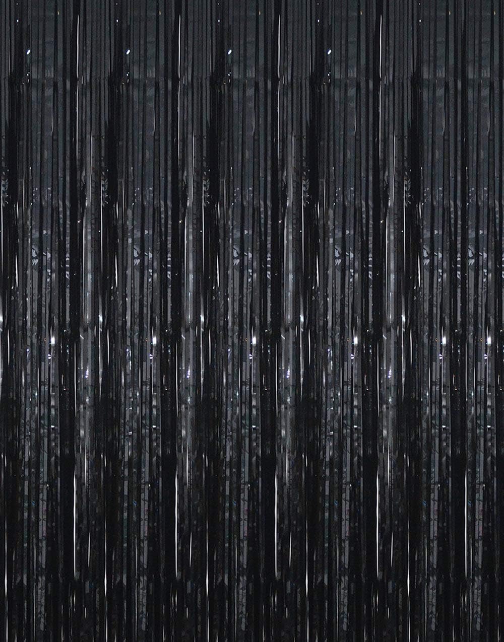 GOER 3.2 ft x 9.8 ft Black Photo Backdrop Party Streamers for Halloween,Birthday Party,1 Pack Black Metallic Tinsel Foil Fringe Curtains Party Decorations Wedding Decor