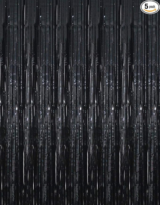 GOER 3.2 ft x 9.8 ft Metallic Tinsel Foil Fringe Curtains Party Photo Backdrop Party Streamers for Halloween,Birthday,Graduation,New Year Eve Decorations Wedding Decor (5 Packs,Black)