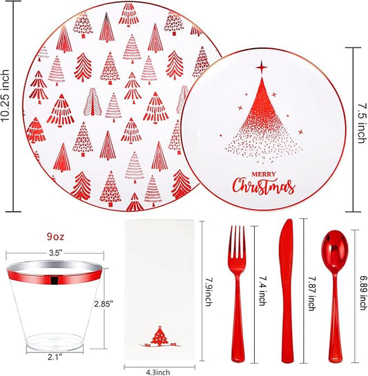 Nervure 175PCS Christmas Plastic Plates - White and Red Disposable Plates - Xmas Tree Plates Include 25Dinner Plate, 25Dessert Plate, 75Silverware, 25Cups, 25 Napkins for Christmas Party