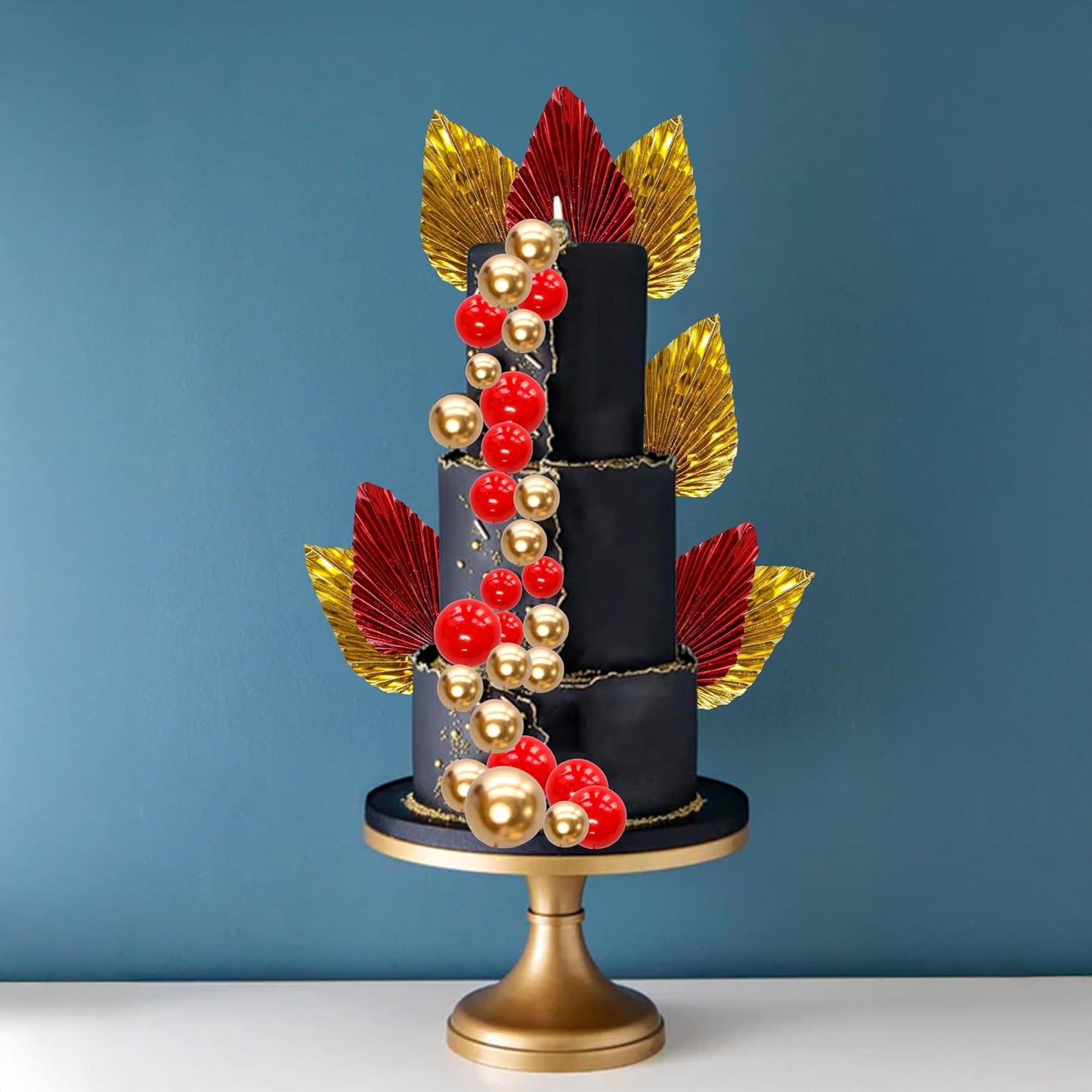 Ephlyn 28Pcs Paper Palm Fan Cake Topper Balls Cake Pick for Baby Shower Wedding Bridal Shower Birthday Party Cake Decorations Supplies Gold Red