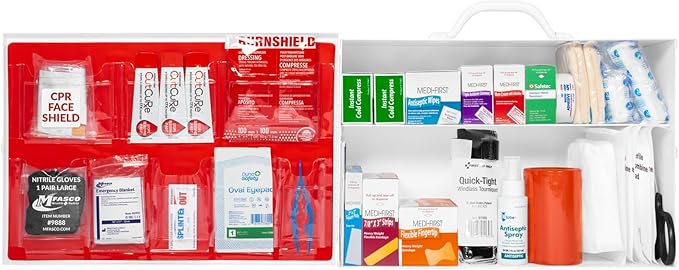 MFASCO 2 Shelf First Aid Cabinet - ANSI/OSHA Class B Type I & II - Medi First Brand Bandages - Carry or Wall Mount - Easy Restock & Refill - - White Enamel Finish - 226 Pcs - 16"x11"x4 7/8"
