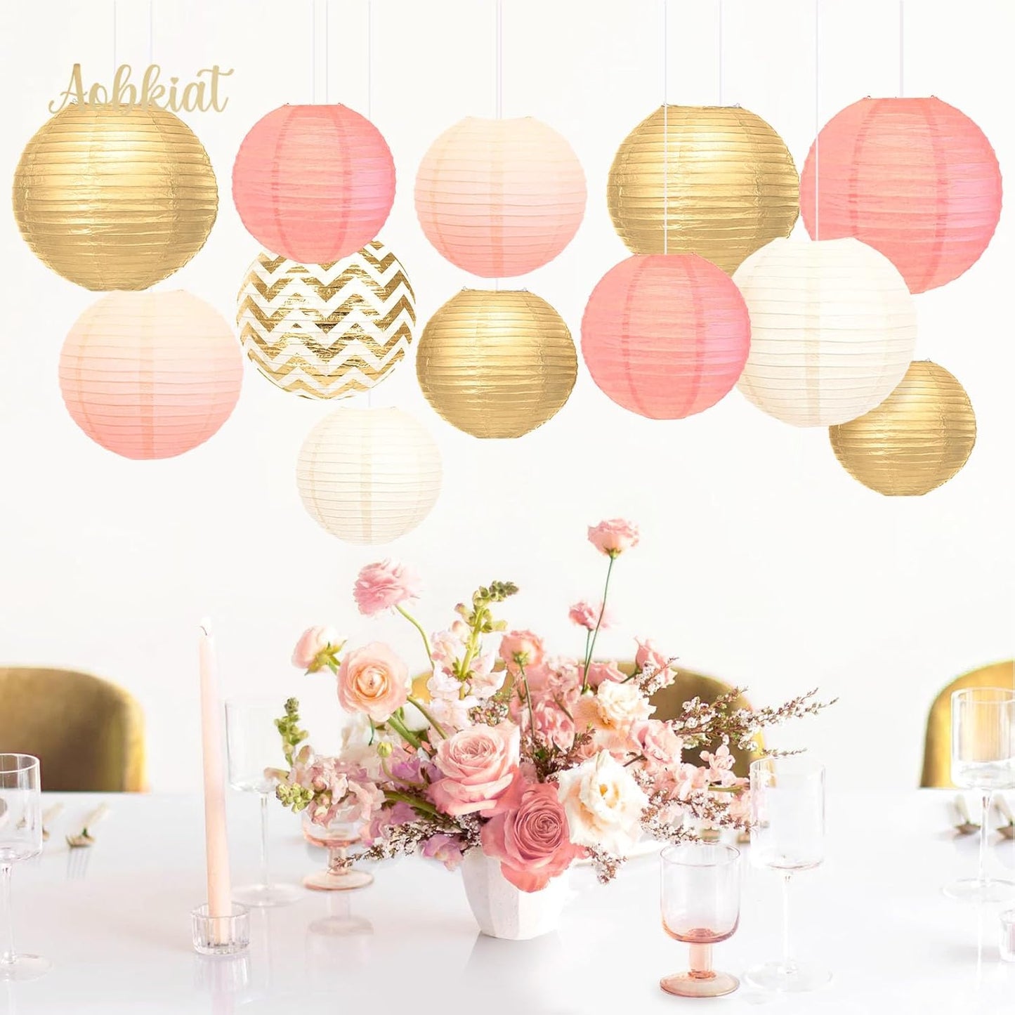 AOBKIAT Pink Birthday Party Decorations for Women Girls,12 Pcs Gold Hanging Paper Lantern for Wedding Engagement Bridal Baby Shower Bachelorette Party Supplies