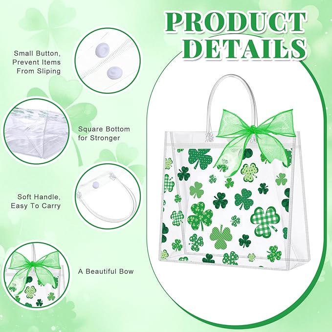 Wesnoy 24 Pcs St Patricks Day Clear Gift Bags with Handles Shamrock PVC Treat Totes with Ribbon Green Clover Gift Wrapping Bag Bulk for Irish Party Favor Supplies Holiday Gifts, 6.3 x 5.9 x 3.2 Inch