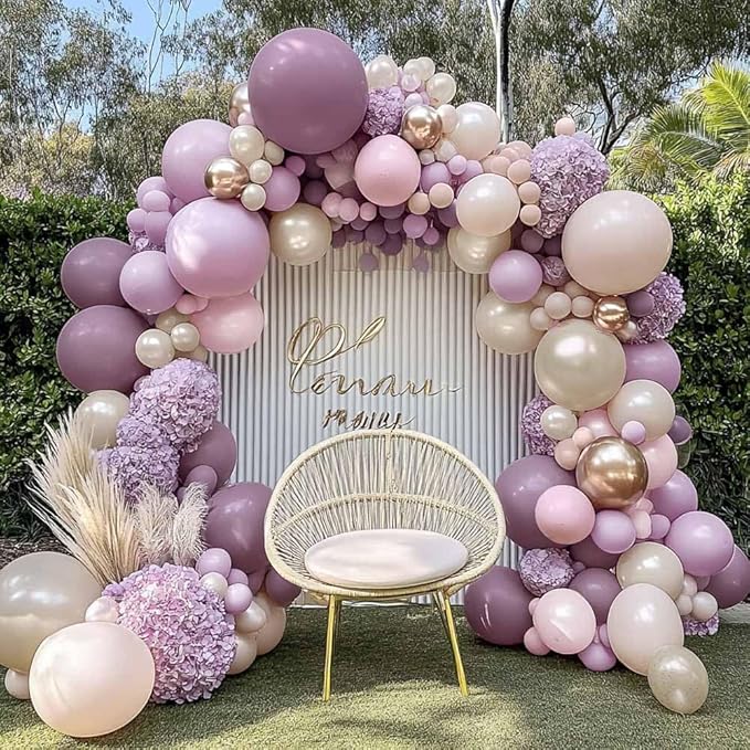 Dusty Purple Pink Balloon Arch Kit, Double Stuffed Lavender White Sand Pearl Balloon Garland with Pastel Pink Lilac Blush Gold Latex for Baby Shower Birthday Wedding Valentines Party