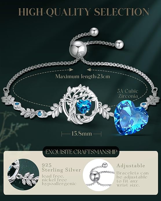 FANCIME Valentines Day Gift Tree of life Birthstone Bracelet for Women Sterling Silver Tree Jewelry Birthstone Charm Bracelet Gemstone Anniversary Birthday Gifts for Wife Mom Her