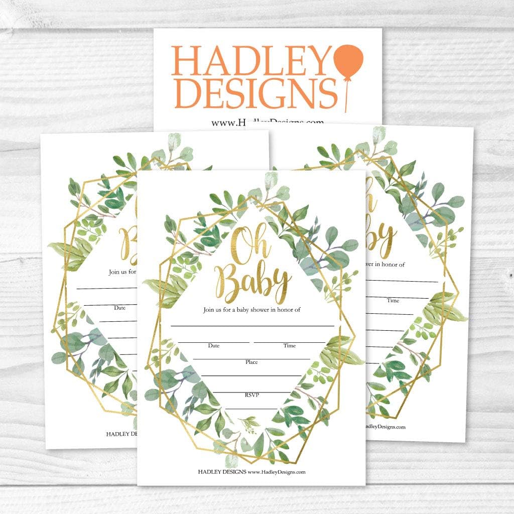 Hadley Designs 25 Geometric Greenery Invitations, Sprinkle Invite for Baby, Coed Garden Gender Reveal Neutral Theme, Cute Boho Fill or Write In Blank Printable Card, Floral Party DIY Supplies
