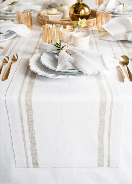 Solino Home Linen Table Runner 144 Inches Long - 100% Pure Linen Natural and White French Stripe Table Runner 14 x 144 Inch for Dining, Thanksgiving