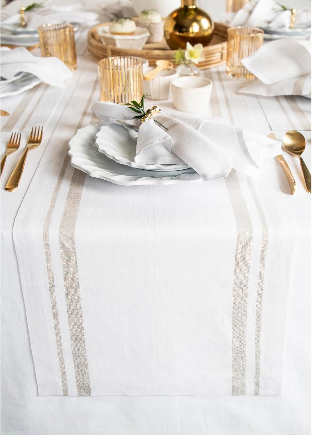 Solino Home Linen Table Runner 156 Inches Long - 100% Pure Linen Natural and White French Stripe Table Runner 14 x 156 Inch for Dining, Thanksgiving