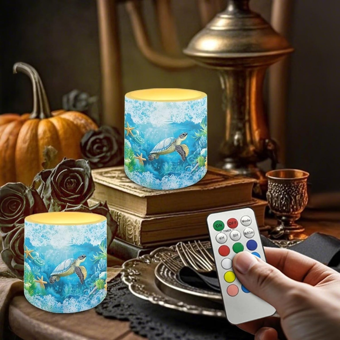Poceacles 4 Piece Flameless LED Candles with Remote, Plastic Battery-Powered Candles with 12 Colors Changing Decorative Night Light for Home Holiday Decor, Sea Turtle Starfish Coral Blue Ocean