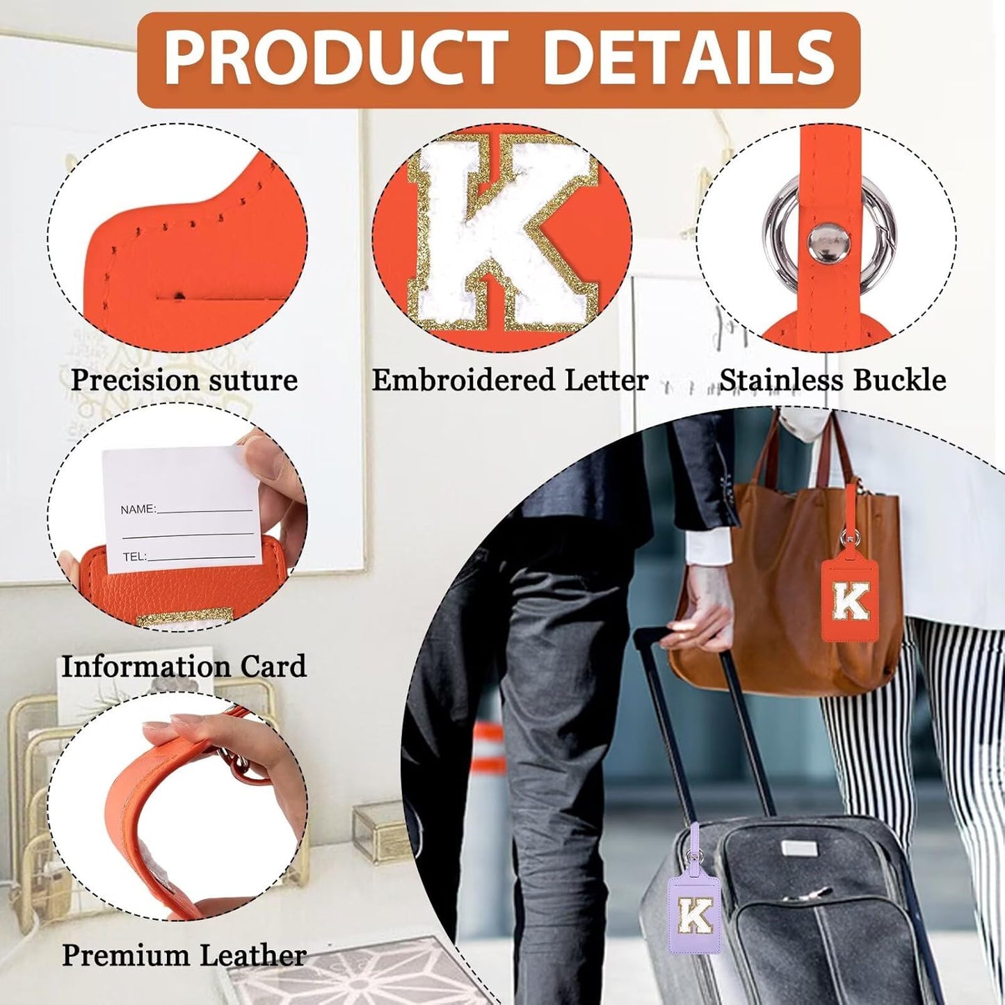 Personalized Initial Luggage Tags for Suitcases, Leather Chenille Letter Cute Luggage Tags with Privacy Name Card, Embroidered Travel Bag Backpack Tags Gifts for Women Kids Girls Teens(Orange-K)