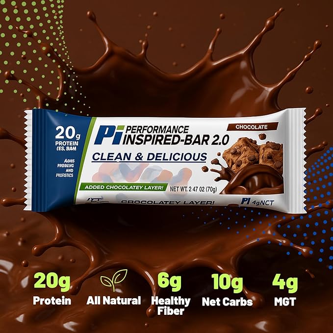 Performance Inspired Nutrition - Protein Bar 2.0 – Contains: 20G Protein - 6G Fiber - 4g MCTs - 1 Billion CFU Probiotics – 1G Prebiotics - G Free – BIG 70g bar - Chocolate 12-Ct. Box