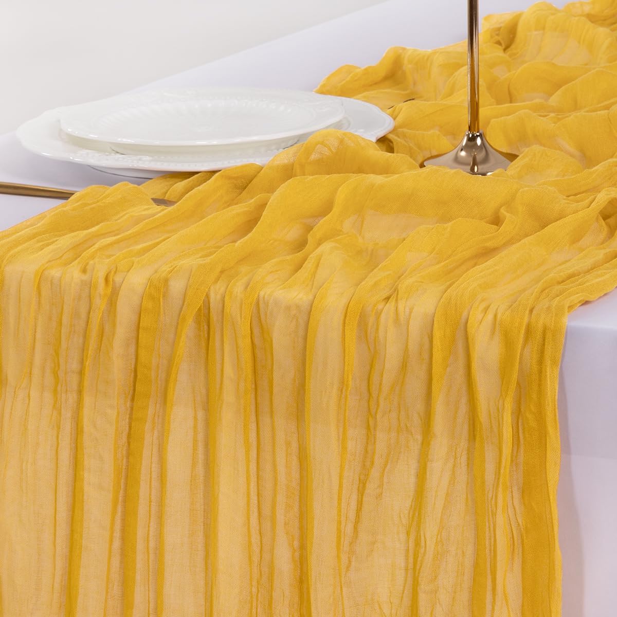 Socomi Gold Yellow Cheesecloth Table Runner Fall Thanksgiving Boho Rustic Gauze 120 inch 10FT Cheese Cloth Runner for Wedding Party Baby Shower Birthday Home Decor Holiday Decorations