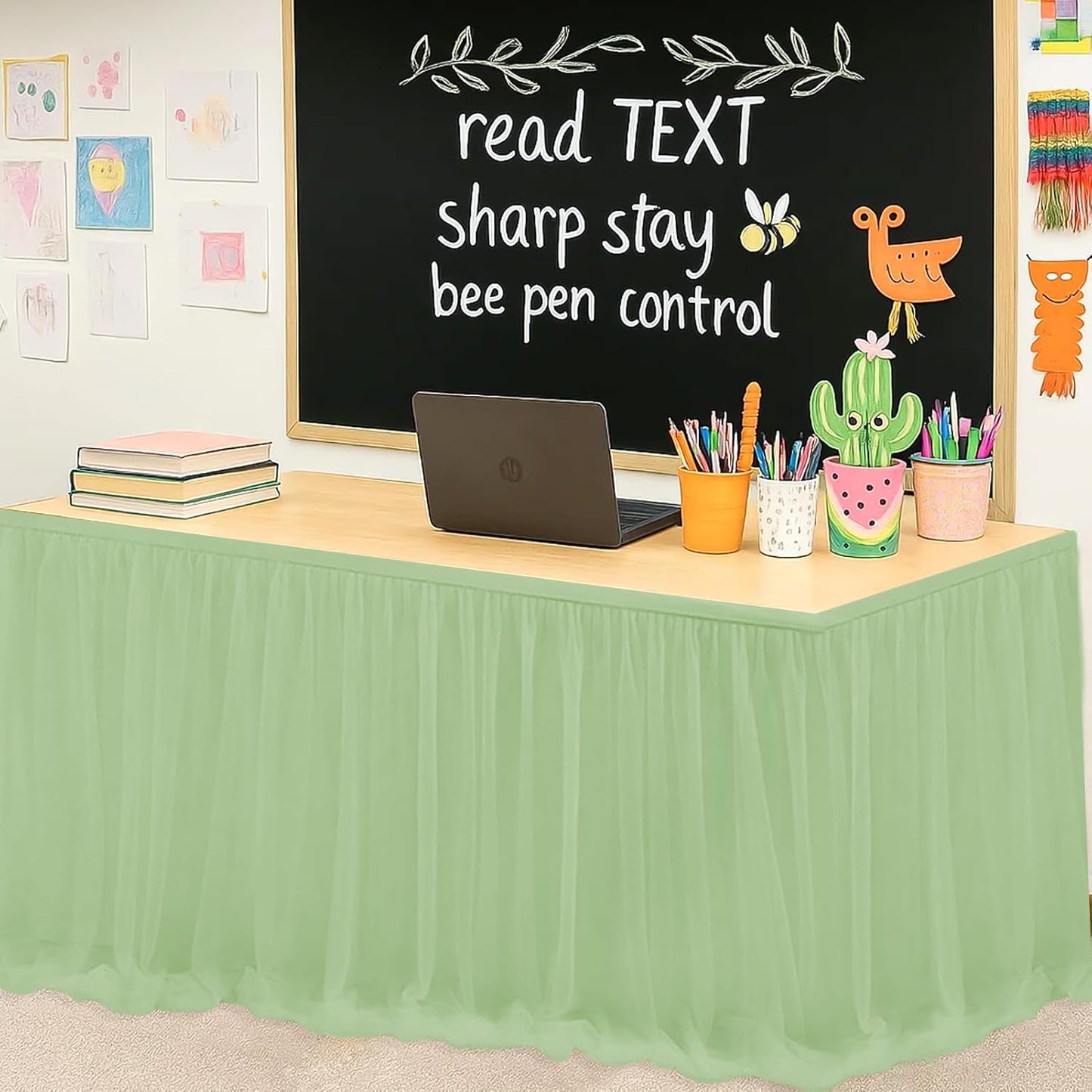 9FT Tulle Table Skirt for Teacher Desk Rectangular Ruffle Table Back to School Supplies for Kindergarten Preschool Middle School Classroom Decor, Beige