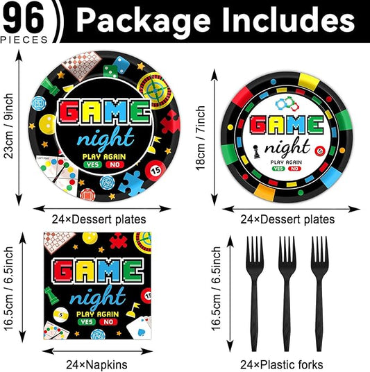 96Pcs Family Game Night Plates and Napkins Gaming Party Supplies Family Game Paper Plates Disposable Paper Plate Napkins Forks for Kids Adults Families Gamer Birthday Gaming Night Party Decorations