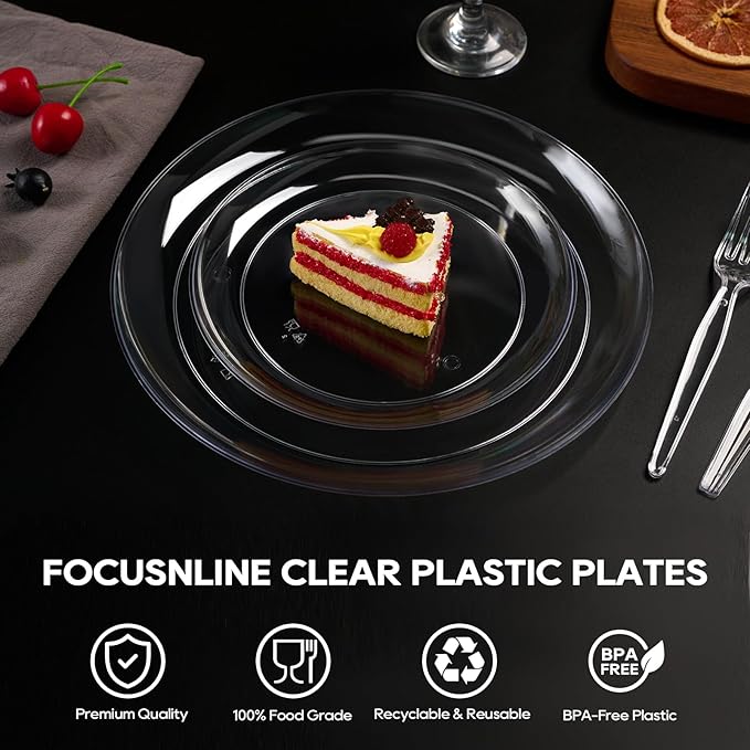 FOCUSLINE 100 Count Clear Plastic Plates 7 Inch, Disposable Salad Dessert Plates - Premium Clear Hard Plastic for Weddings, Parties and Events