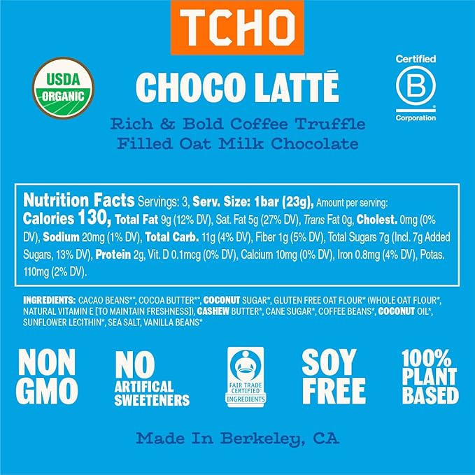 TCHO Choco Latte 47% Oat Milk Chocolate Bars (5 pack) | Plant Based, Organic & Fair Trade, | Non GMO, Non-Dairy, Vegan Chocolate, Soy Free (2.5oz each)