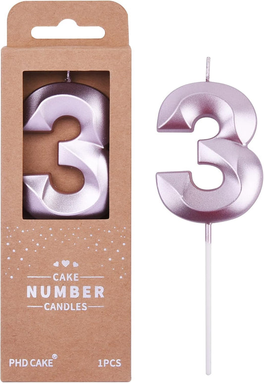 PHD CAKE 2.76 Inch Diamond Rose Gold 3 Number Birthday Candles, Rose Gold Number Candles, Cake Number Candles, Party Celebration